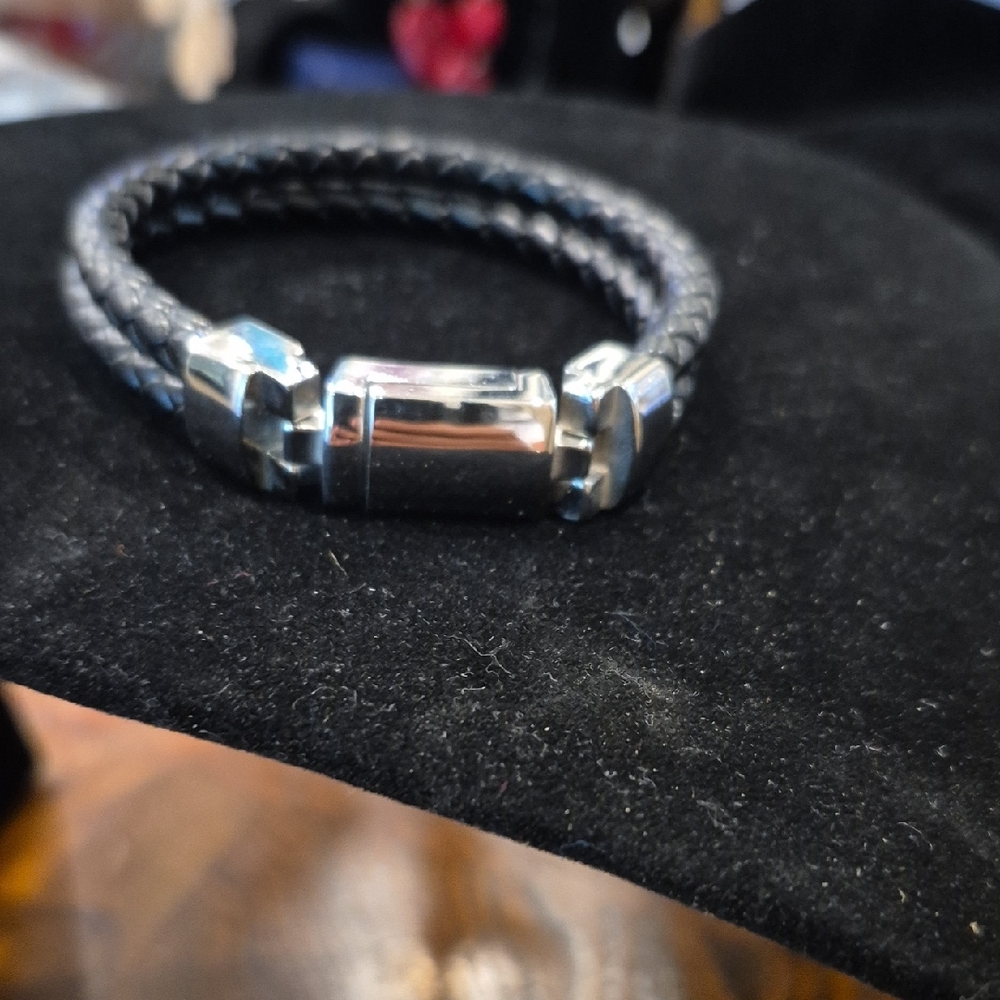 Black and Silver Leather Bracelet